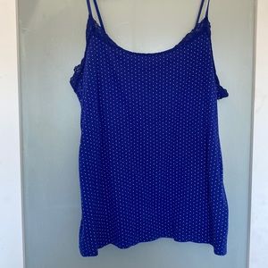 blue and blue lace with white polka dots